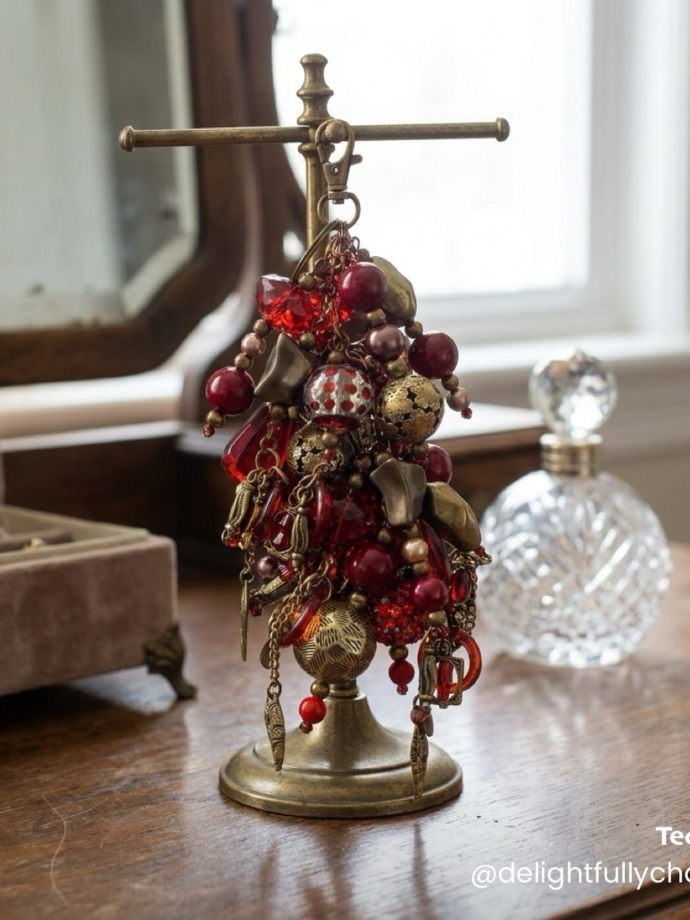 Red Beaded Charm Keychain with Antique Brass Accents